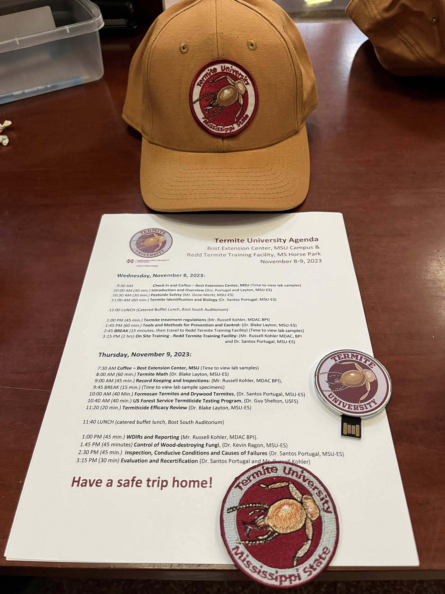 Termite University Hat, Patch, UCB, and November 2023 agenda.